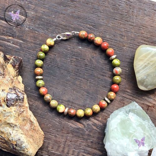 Unakite Bead Bracelet with Silver Discs